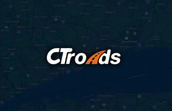 Darkened CTroads traffic map of Connecticut with the CTroads logo centered.