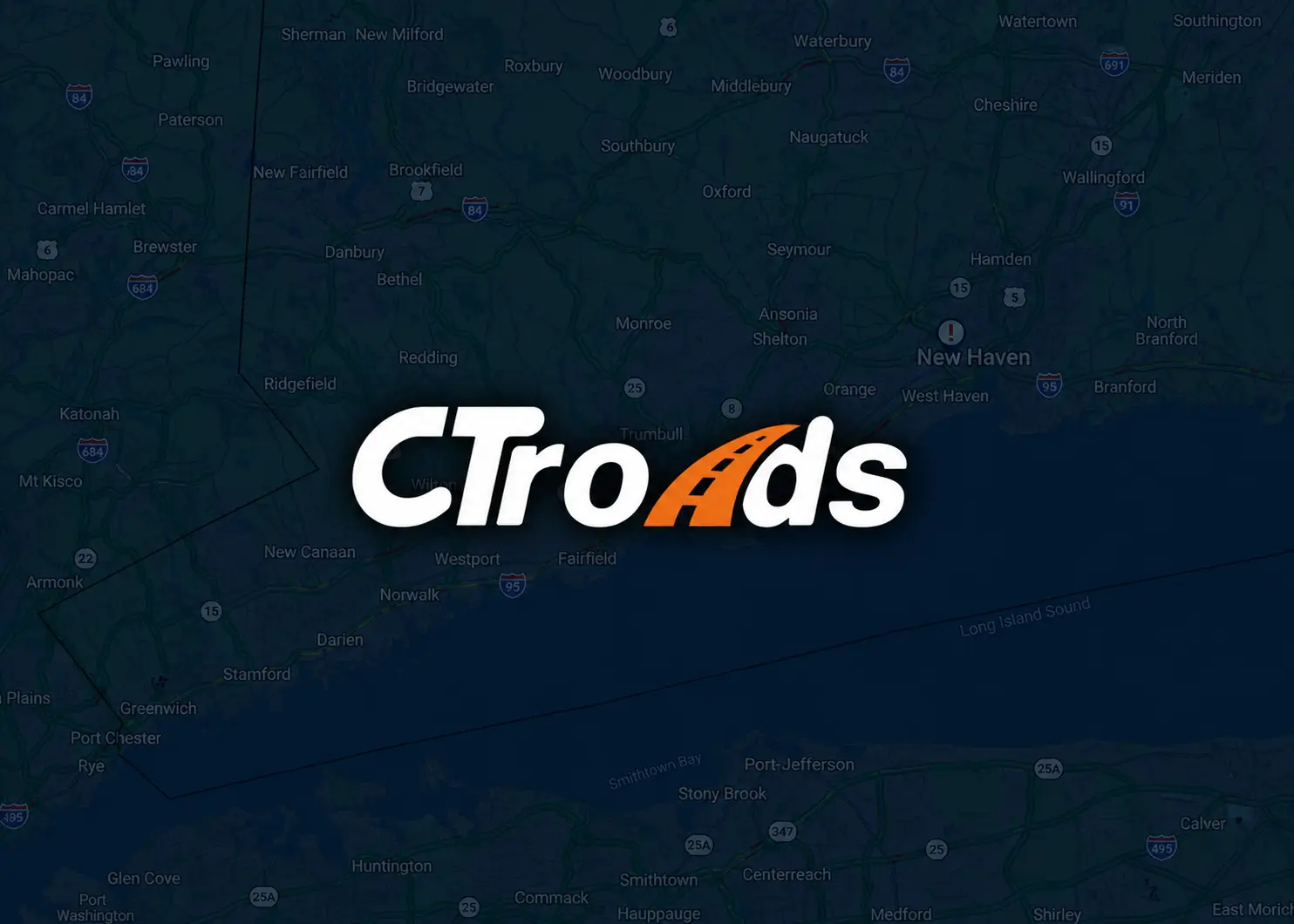 Darkened CTroads traffic map of Connecticut with the CTroads logo centered.